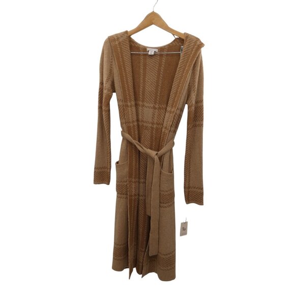 Sincerely Jules Plaid Hooded Belted Cardigan Coatigan M Tan Cozy Cabincore Boho - Picture 4 of 13